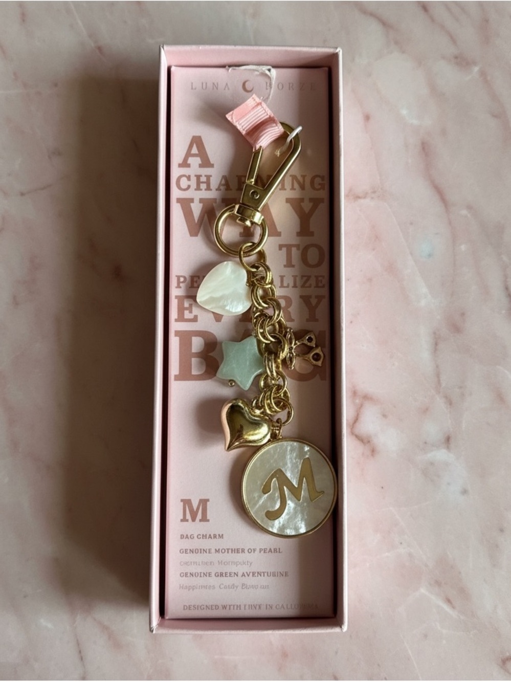 Luna Norte Pink and Gold Monogram 'M' Key & Bag Charm